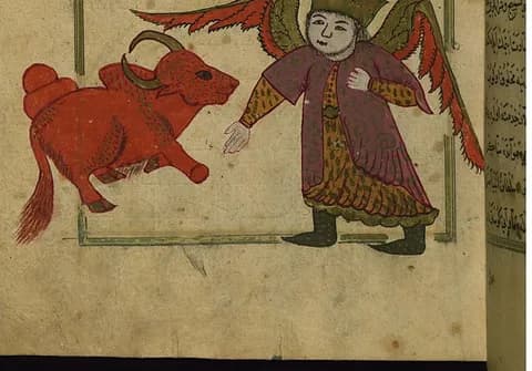 The first two of the four carriers, one in the form of a bull, from al-Qazwini's Wonders of Creation, an Ottoman copy by Muhammad ibn Muhammad Shakir Ruzmah-'i Nathani (1717), Walters Art Museum, Baltimore