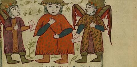 Two angels with a man between them, writing down his good and bad deeds, from al-Qazwini's Wonders of Creation, an Ottoman copy by Muhammad ibn Muhammad Shakir Ruzmah-'i Nathani (1717), Walters Art Museum, Baltimore