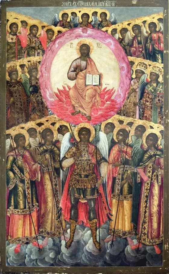 An Orthodox icon of the archangels gathered round Christ, Michael in the centre
