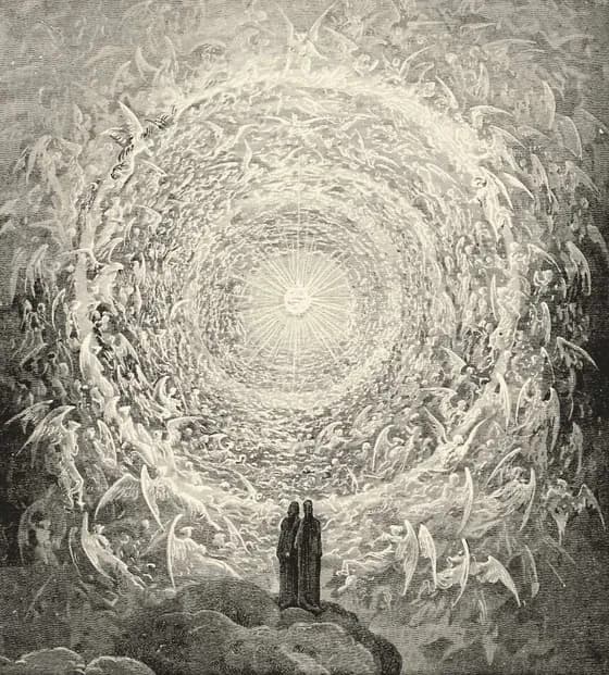 Dante and Beatrice before the rose of the Empyrean, ringed with angels