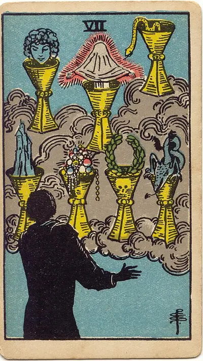 Seven of Cups, from the Rider–Waite–Smith tarot of 1909