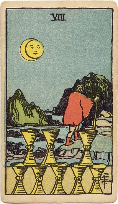 Eight of Cups, from the Rider–Waite–Smith tarot of 1909