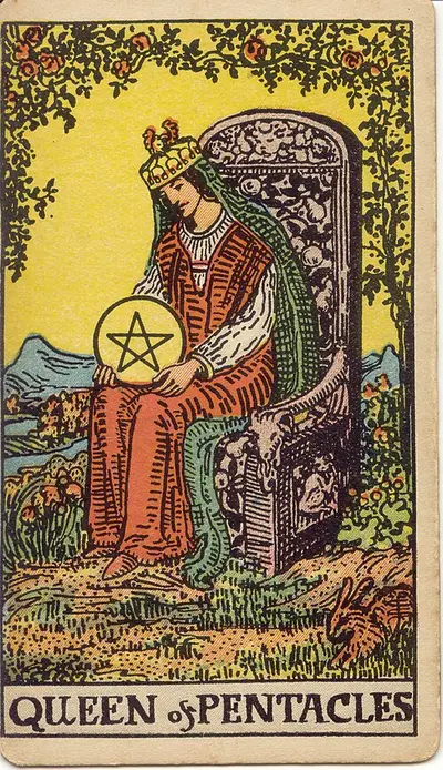 Queen of Pentacles, from the Rider–Waite–Smith tarot of 1909