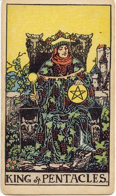 King of Pentacles, from the Rider–Waite–Smith tarot of 1909