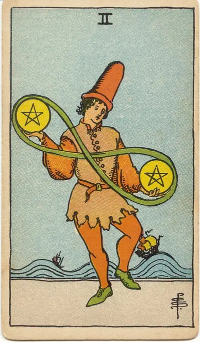 Two of Pentacles, from the Rider–Waite–Smith tarot of 1909