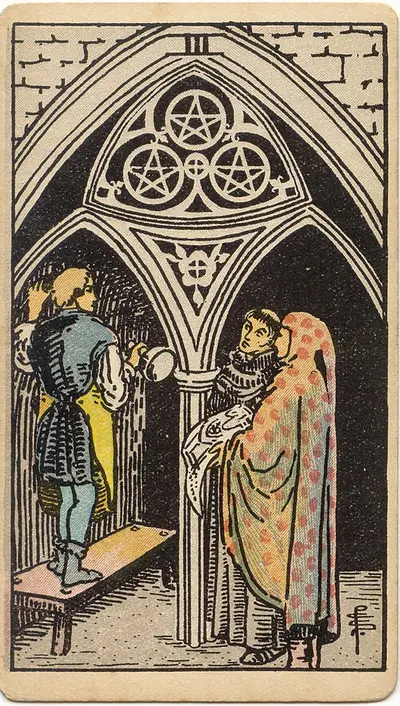 Three of Pentacles, from the Rider–Waite–Smith tarot of 1909