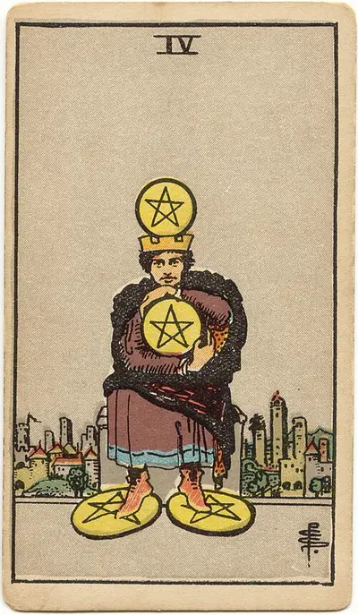 Four of Pentacles, from the Rider–Waite–Smith tarot of 1909