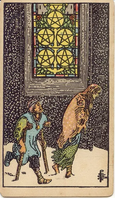 Five of Pentacles, from the Rider–Waite–Smith tarot of 1909