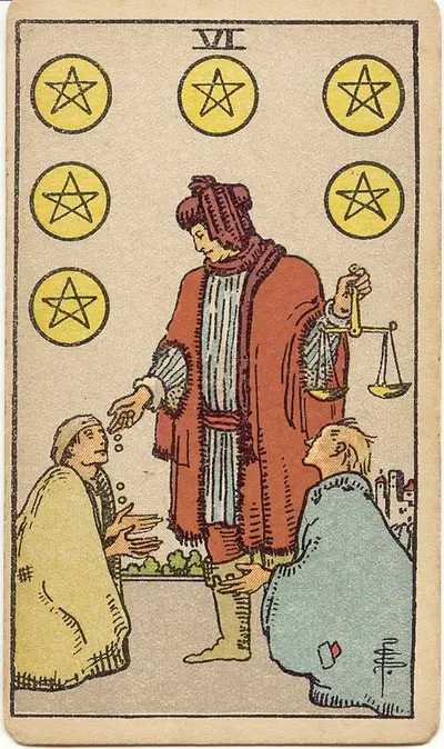 Six of Pentacles, from the Rider–Waite–Smith tarot of 1909