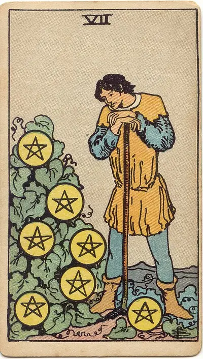 Seven of Pentacles, from the Rider–Waite–Smith tarot of 1909