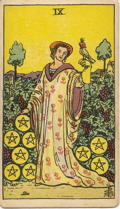 Nine of Pentacles, from the Rider–Waite–Smith tarot of 1909