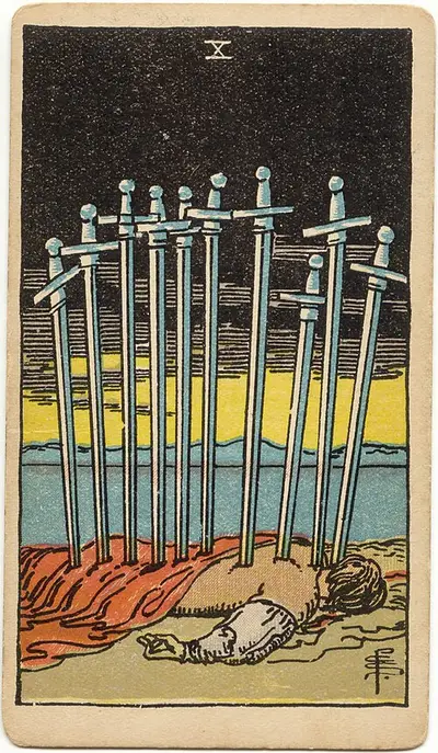 Ten of Swords, from the Rider–Waite–Smith tarot of 1909