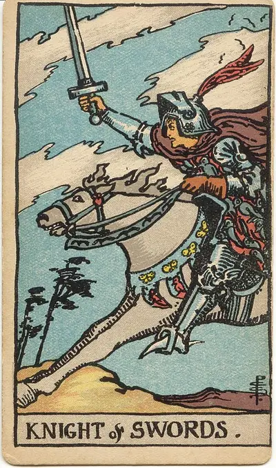 Knight of Swords, from the Rider–Waite–Smith tarot of 1909
