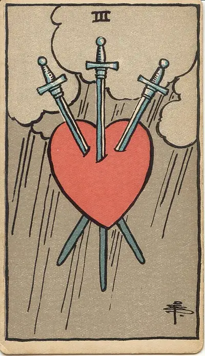 Three of Swords, from the Rider–Waite–Smith tarot of 1909