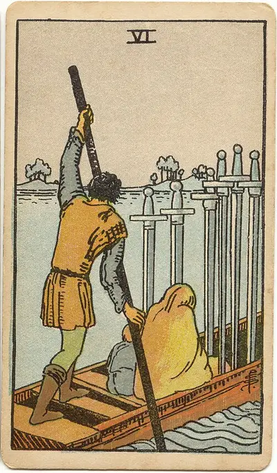 Six of Swords, from the Rider–Waite–Smith tarot of 1909