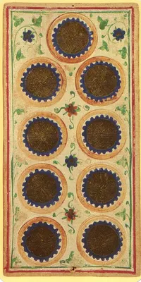 Nine of Pentacles in the Visconti-Sforza tarot
