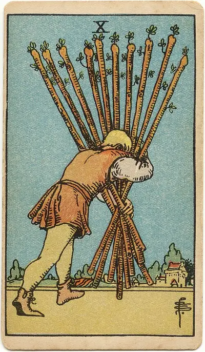 Ten of Wands, from the Rider–Waite–Smith tarot of 1909