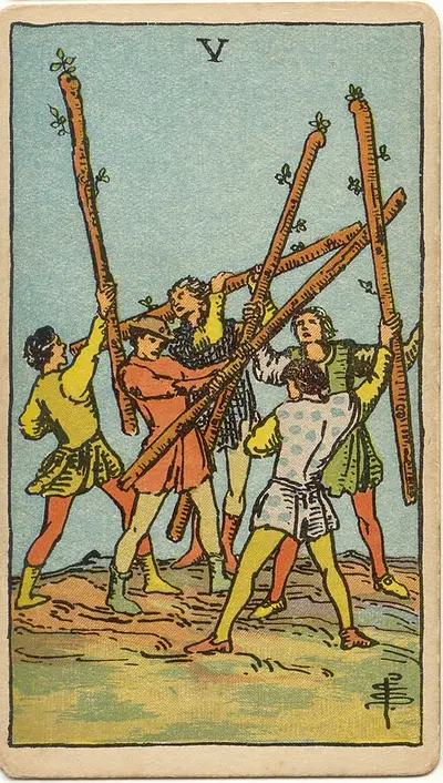 Five of Wands, from the Rider–Waite–Smith tarot of 1909