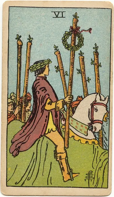Six of Wands, from the Rider–Waite–Smith tarot of 1909