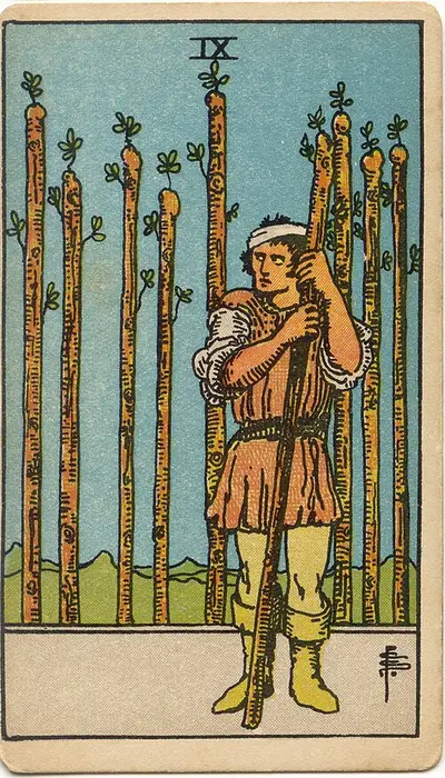 Nine of Wands, from the Rider–Waite–Smith tarot of 1909